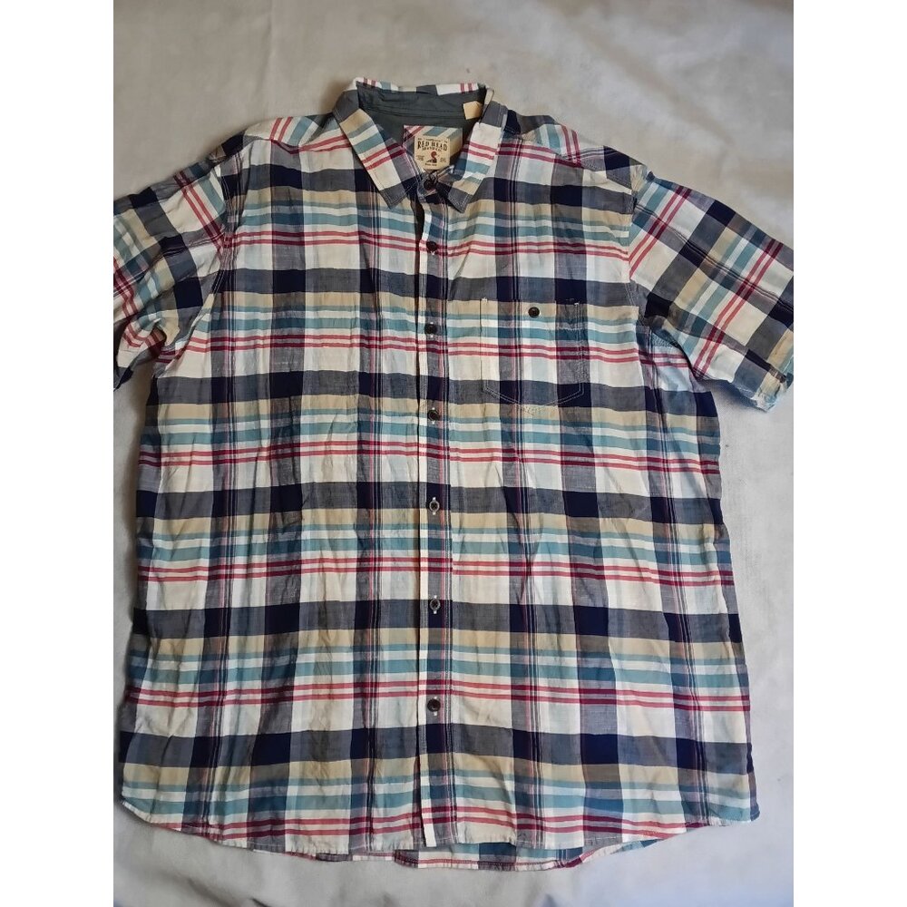 RedHead Brand Plaid Button front shirt size 3XL Short Sleeve Blue White Red